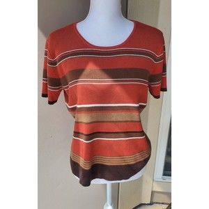 Emma James Sweater Shirt Womens Large Orange Brown Beige Striped Short Sleeve